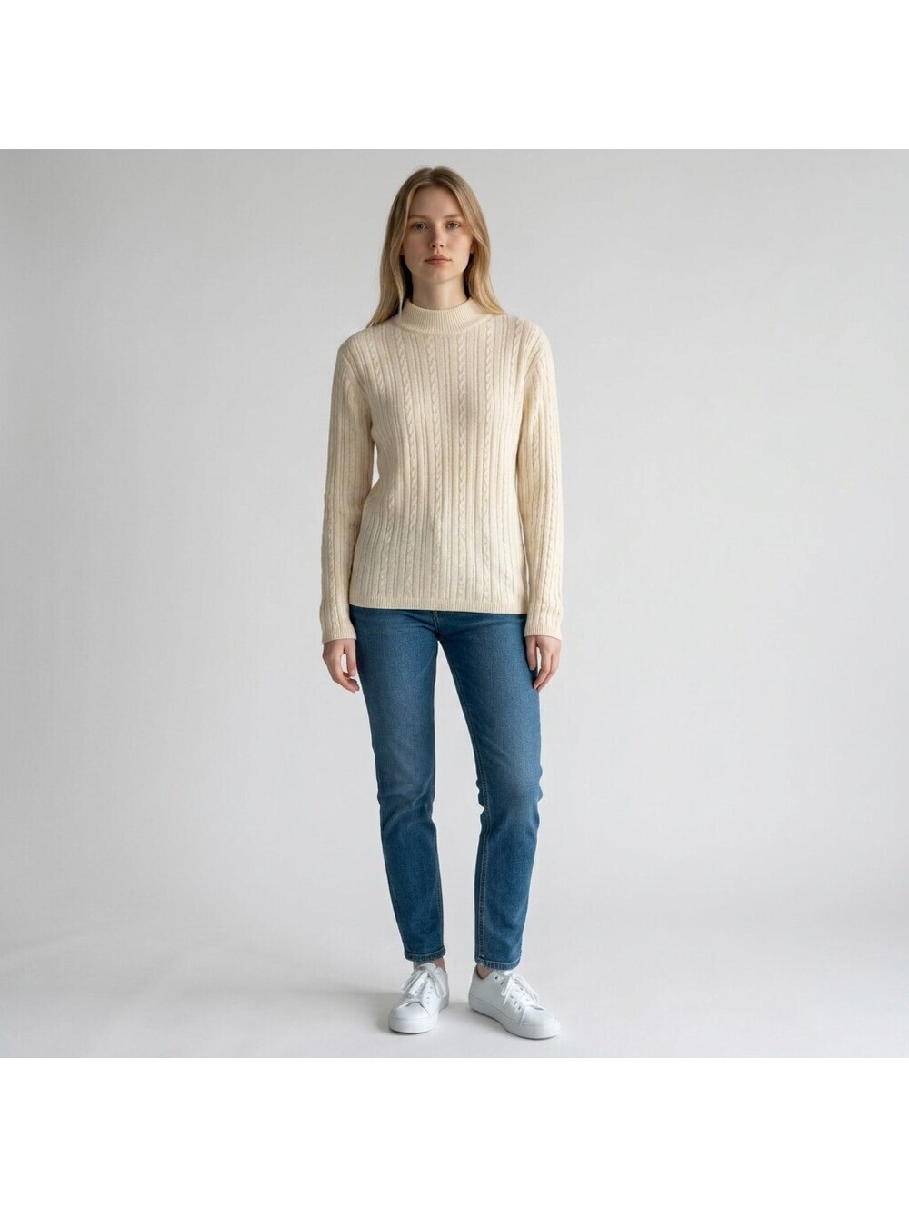 Basler Sweater Pullover Women M Medium Beige Cable Knit Long Sleeve Soft Cozy